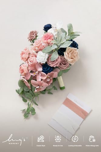 Ling's moment Dusty Rose Navy Blue Bridal Bouquet Cascading, Pink and Blue Wedding Bouquets for Bride, 15 Inch Silk Artificial Wedding Flower Bouquet - color: Pk-exquisite Dusty Rose & Navy, size: Medium 15 Inch