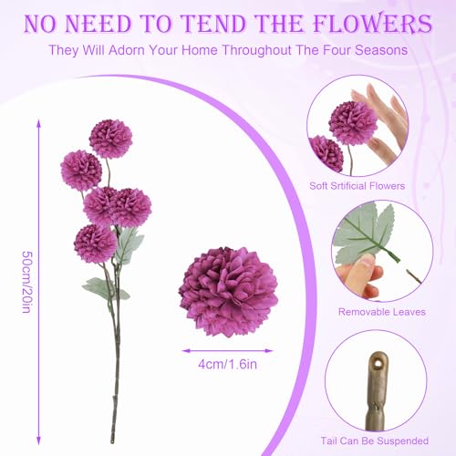 INQCMY Artificial Flowers 12 Pcs Fake Chrysanthemums Faux Kiku Flower Long Stem 20" Realistic Silk Pompon Mums for Vase Wedding Bouquets Centerpieces Home Decor (Deep Purple) - color: Deep Purple