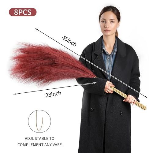 Wertuirk Burgundy Pampas Grass Decor, 8 Pcs 45 Inch Tall Large Faux Pompous Grass, Long Artificial Flowers for Floor Vases, Wedding Centerpieces, Baby Shower and Home Decoration (Burgundy) - color: Burgundy