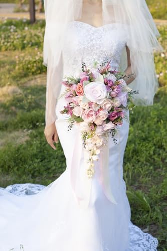 12 Inch Cascade Wedding Bouquets for Bride, Fuchsia & Pink Cascading Bridal Bouquet for Wedding Silk Artificial Flowers - color: Fuchsia & Pink