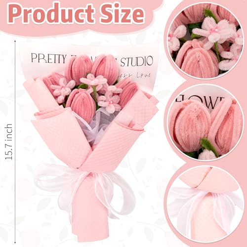 Completed Pipe Cleaners Tulip Flowers Bouquet, Pink Handmade Pipe Cleaners Bouquet, 5 Tulip 10 Daisy 15 PCS for Christmas Mother's Day Birthday Wedding Home Decor Gifts for Mom - color: Pink