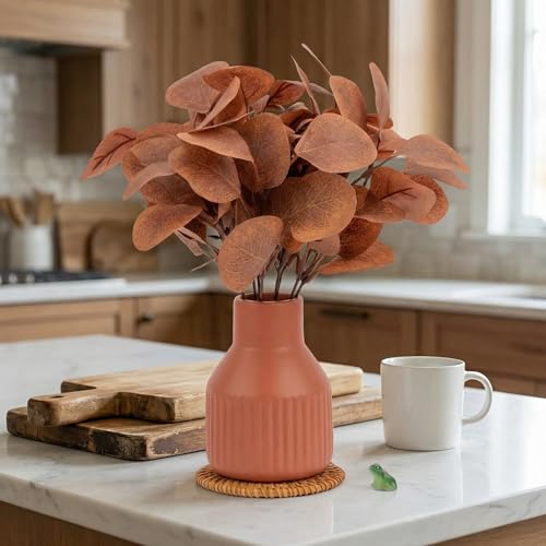 Artificial Eucalyptus Greenery Stems in Ceramic Vase 10Pcs Fake Plants Eucalyptus Leaves for Centerpiece Table Decorations Home Room Decor Office Desk Decor Small Fall Plant Decor - color: Orange