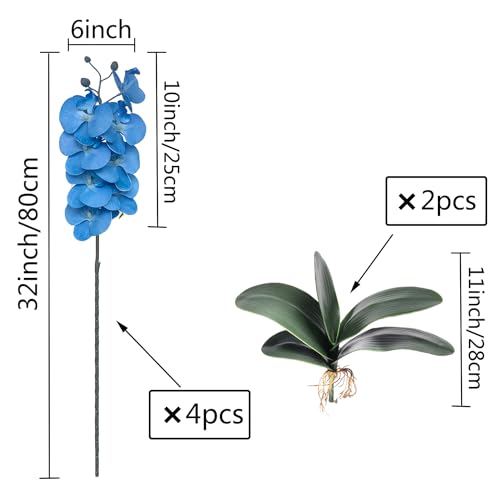 FagusHome 32" Artificial Phalaenopsis Flowers 4 Pcs with 2 Bundles Leaves Artificial Orchid Flowers Stem Plants Fake Butterfly Phalaenopsis Flowers for Home Wedding Party Décor (Blue) - color: Blue
