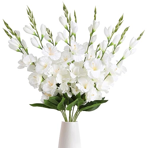 IPOPU White Gladiolus Artificial Flowers 10PCS Silk Gladiolus Flowers with Stems 30in Faux Flowers for Wedding Home Party Floral Arrangement Centerpiece Table Decoration(White) - color: White