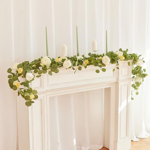 MISSPIN 2pcs Artificial Flowers Garland Spring Eucalyptus Garland Vintage Fake Flower Peony Rose Vine Greenery Decorative Wall Hanging Plant for Wedding Arch Door Arrangement Party Decor - color: Ginger,2