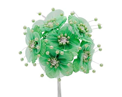 72PC Artificial Organza Flower Rhinestone Pick for Home Craft Decor DIY Wedding Bridal Veil Headband Dress Cake Topper Embellishment Scrapbook Favor Corsage Floral Bouquet Arrangement (Mint Green) - color: Mint Green
