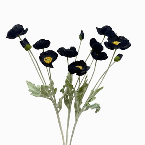 Poppy Flowers Artificial,Poppy Silk Flowers with Stems，Ranunculus Artificial Flowers，Faux Flower Stems for Wedding,Party, Outdoor Indoor Decor Flower Arrangements for Table (3, Black) - color: Black