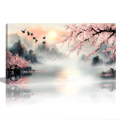 QIXIANG Cherry Blossom Mountain Canvas Wall Art Pink Floral Trees Pictures Large Landscape Painting Japanese Decor for Living Room Bedroom Framed (gold,20" W x 40" L) - color: gold, size: 20"W x 40"L