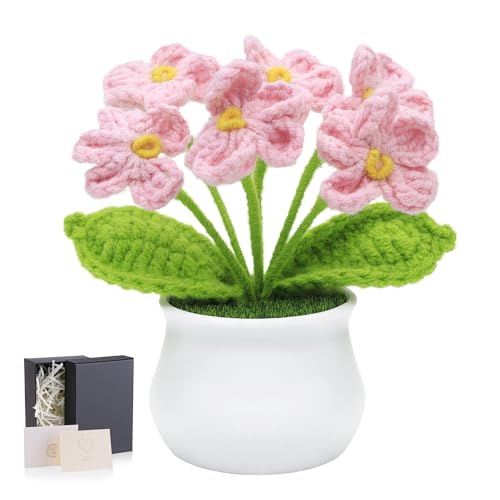 LAIDANLA Crochet Flowers Forget Me Not Light Pink Handmade Knitted Flower Potted for Desk, Anniversary Birthday Graduation Appreciation Small Gifts for Women Teacher Coworker Mom Friend - color: Light Pink