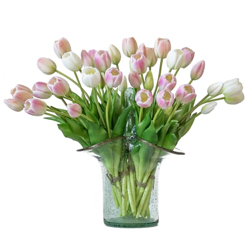 DUYONE 40pcs Artificial Tulips Flowers, Latex Bouquet,Fake Tulips for Office Wedding Party Home Kitchen Garden Decoration-B Peach Pink Set - color: B Style-40pcs Peach Pink Set(no Vase)