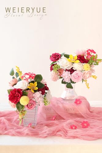 Artificial Flower Box Set Silk Fake Flowers DIY Center Cake Decoration Wedding Bouquet Corsage Home Decor Outdoor Decor Gift (Bright Pink) - color: Bright Pink