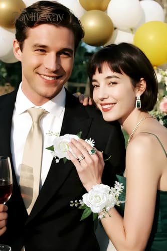 White Rose Boutonniere and Wrist Corsages for Wedding(Set of 2)，Prom Corsage for Bridesmaid Mother Grandmother, Artificial Flowers for Homecoming Party Anniversary Graduation Decor - color: Bright White, size: 1 Corsage & 1 Boutonniere