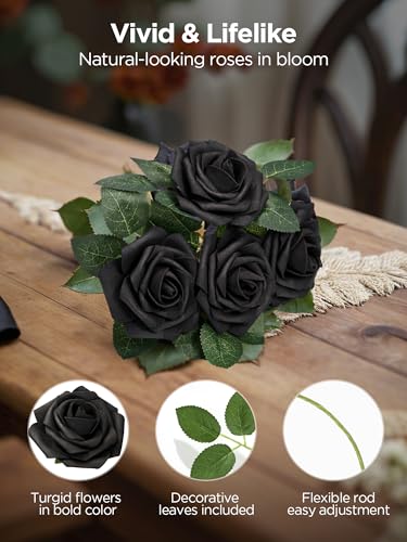 InnoGear Artificial Flowers, 50 Pcs Black Foam Fake Roses Bulk with Stems for Decoration DIY Wedding Bouquets Centerpieces Bridal Shower Party Valentines Christmas Tree - color: Black