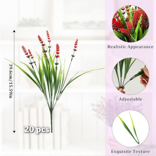 Faux Flowers for Outdoor Planters – 20 Bundles Fake Plants Outdoor, UV Resistant Artificial Plants & Flowers with Fake Monkey Grass, Faux Outdoor Plants for Porch Patio Garden Decor - color: Red – 20 Bundles