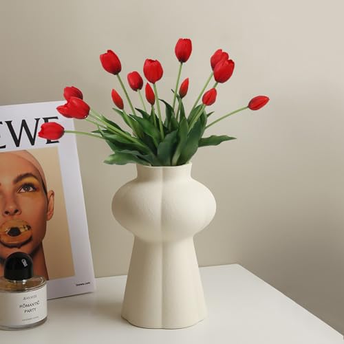 15 Pcs Red Artificial Tulips Fake Flowers, Premium Latex Lifelike Texture, UV Resistant Waterproof Faux Tulip Bouquets with Snap-on Petals for Outdoor, Home, Wedding Decor - color: Red