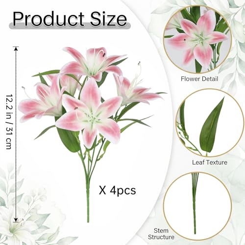 4 Bundles Pink Lily Artificial Flowers 20Heads Fake Lilies with Stems 12.2" Faux Silk Flowers for Wedding Mother's Da Baby Shower Party Easter Home Table Centerpieces Floral Arrangements (Pink) - color: Pink