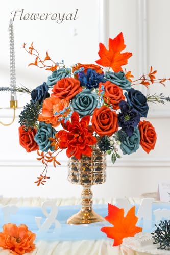 Floweroyal Artificial Flowers Combo Orange Flowers Mix Silk Flowers Dahlia Roses with Stems for DIY Wedding Bridal Bouquets, Baby Shower, Floral Arrangement, Table Centerpieces, Home Decorations. - color: Autumn Orange & Blue
