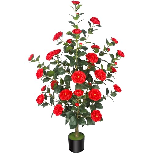 1Pack 47.24"/3.94FT Artificial Camellia Trees with 36 Red Flowers in Cement Pots – Lifelike Fake Trees for Front Porch, Home, Indoor Outdoor Spring Decor, Office or Housewarming Gifts - color: Red, size: 3ft 11in