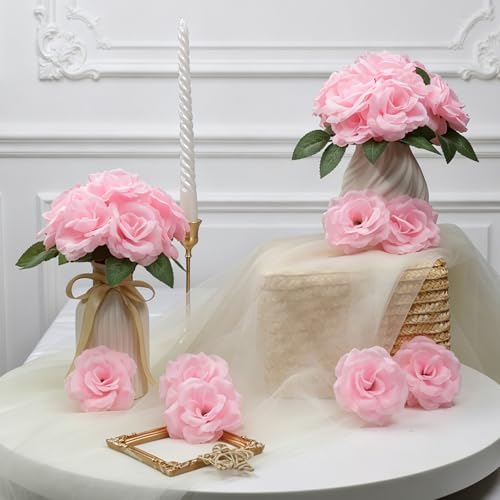 50 Pcs Rose Flower Head, Artificial Flowers Bulk for DIY Crafts, 3in Fake Rose Silk Flower Head wit Stem, Faux Flowers for Decoration, Wedding Home Party Decor Garland Decor (50, Light Pink) - color: Light Pink