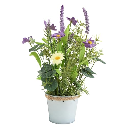 Artificial Flowers Potted, 12.2'’ Flower Arrangement w/Daisy & Lavender in Metal Pot, Fake Plants for Home Wedding Restaurant Dinner Decoration Shelf Table, Purple & Green - color: Purple 02
