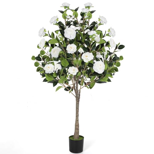 47” Artificial Camellia Tree with Blooming White Flowers, Artificial Tree for Indoor Outdoor, Faux Camellia Tree for Modern Home Office Floor Porch Decor, Free Maintenance - color: White
