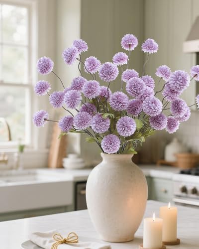 DuHouse 6pcs Artificial Flowers Faux Silk Pompon Mum,Silk Small Mini Chrysanthemum Ball with Stems for DIY Bouquets Centerpieces Vase Home Table Kitchen Decorations(Purple) - color: Purple, size: 6pcs