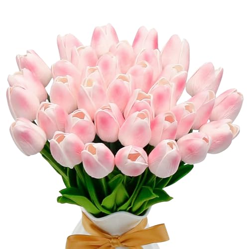 36 Pcs Tulips Artificial Flowers, 13 Inches Real Touch PU Fake Tulips for Wedding Bouquets, Home Decor - color: Light Pink