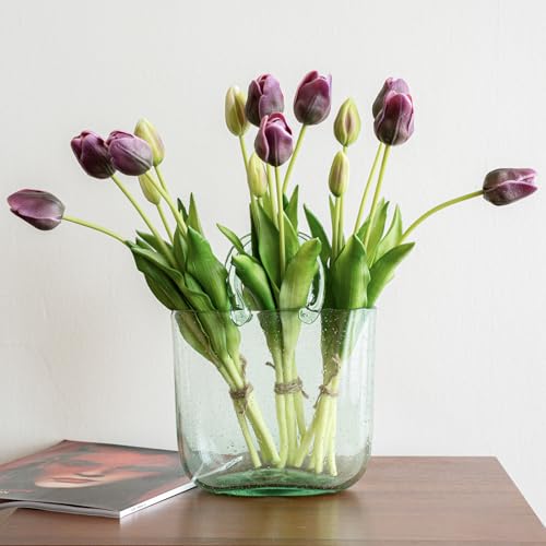 DUYONE 15pcs Artificial Tulips Flowers, Soft Touch Latex Bouquet, Fake Tulips for Office Wedding Party Home Kitchen Garden Decoration - color: 15pcs Dark Purple (No Vase)