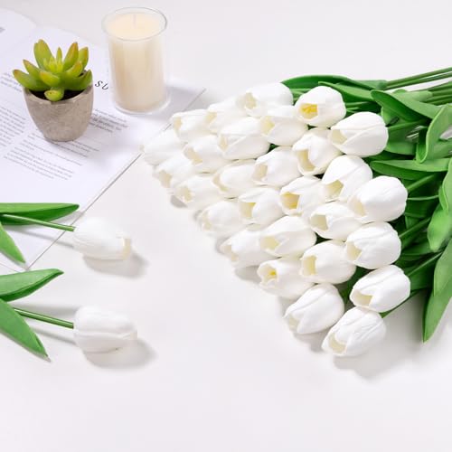 U'Artlines 30Pcs Fake Tulips Artificial Flowers with Stems Faux Tulips Bouquet Real Touch Flower for Wedding Home Kitchen Spring Easter Mother's Day Floral Arrangement Decor (White) - color: White
