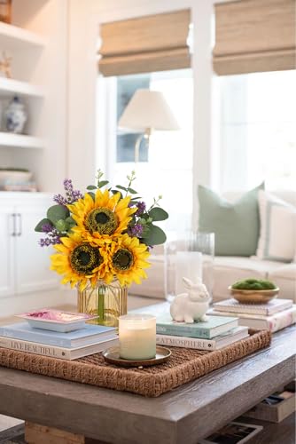 Oairse Fake Flowers in Vase, Sunflowers Artificial Flowers with Vase Sunflowers Centerpieces for Table Silk Flower Arrangement for Farmhouse Home Kitchen Bathroom Wedding Party Dining Room Decor - color: Yellow&amber Vase