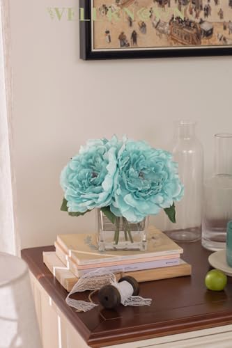 Artificial Peonies Flowers Arrangements in Cube Glass Vase, WELLKNOWN Silk Flower Centerpieces for Dining Room Table, Coffee Table Decor, Faux Peony Flowers with Faux Water(Light Teal Blue) - color: Light Teal Blue