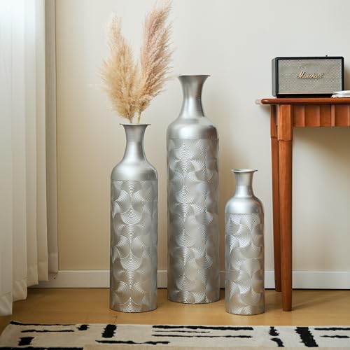 Metal Floor Vases Decorative, Set of 3 Flower Arrangement Stand, Metal Decorative Vase Tall Distressed Metallic Centerpiece Vases with Wave Pattern, 32.68", 25.98", 19.69" H (Silver) - color: Silver