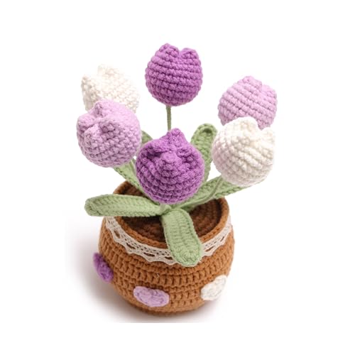 Crochet Simulation Tulip Potted Plants, Simulation Crochet with Long Flowers, Hand Crochet Lovely Woven Potted Plants, Home Office Desk Ornaments, Shop Decorative Flowers (6 Flowers-Purple) - color: Purple a, size: A