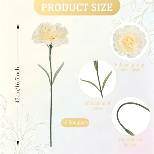 Champagne Carnations Artificial Flowers 10Pcs Large Carnations Flower Heads Lush Silk Flowers Bouquet with Stems for Wedding Bouquets Bridal Home Table Centerpieces(Champagne) - color: Champagne