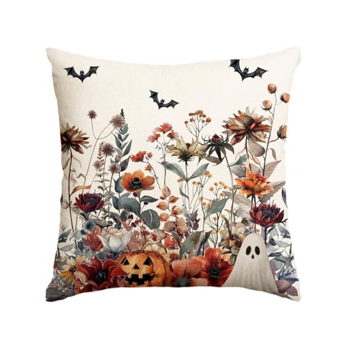 AVOIN colorlife Halloween Horror Wildflowers Throw Pillow Cover, 18 x 18 Inch Pumpkin Ghost Bat Cushion Case Decoration for Sofa Couch - size: 18" x 18" (Pack of 1)