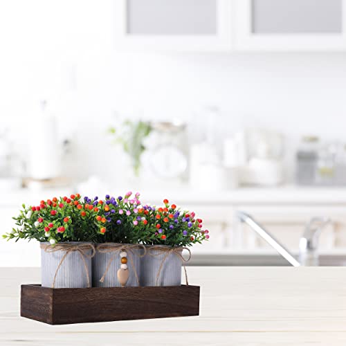 CALAVAK Decorative Centerpiece Wooden Tray with 3 Metal Potted Artificial Milan Flowers Rustic Country Farmhouse Décor for Dining Room, Living Room and Kitchen Table - style: Milan Flowers