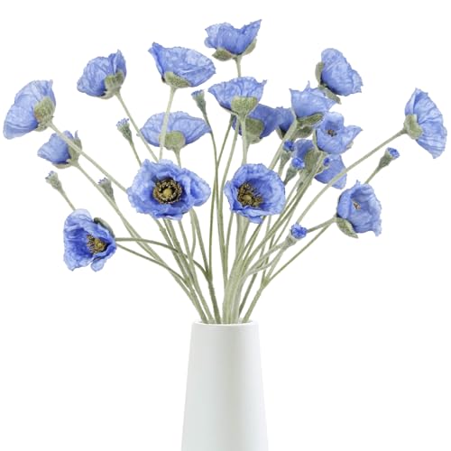 6PCS Blue Poppy Flowers Artificial 26.77in 30 Heads Faux Poppy Flowers Silk Flowers with Long Flocking Stems for Wedding Party Home Office Decoration(Blue) - color: Blue