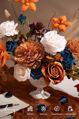 Ling's moment Fake Flowers Box, Faux Artificial Greenery Stems Foam Roses Gardenia Peony Silk Eucalyptus Pampas Fabic Flower for Centerpieces Bouquet Wedding Vase, Orange & Navy, Deluxe Combo - color: Or-orange & Navy, size: Deluxe