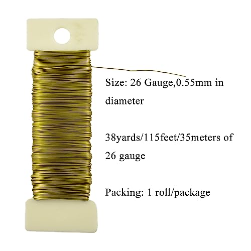 HAHIYO 26Gauge Golden Metal Floral Wire - 1 Roll, 38 Yards (115 Feet) - Flexible Paddle Wire for Craft, Christmas Wreath, Flower Arrangement, Bouquet Wrapping, Wedding, DIY - color: Golden, size: 26Gauge-1P/38Yards