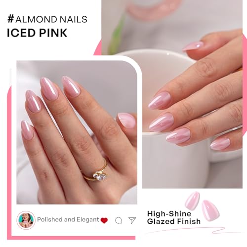 32Pcs Soft Gel Press on Nails for Women, Pink Chrome, Short Almond | Glazed Donut Aurora False Fake Nails Press Ons for Office Daily Wear, Salon Quality Reusable Glue & Stick on Nail Gift Kit - color: 2D-Pink Chrome