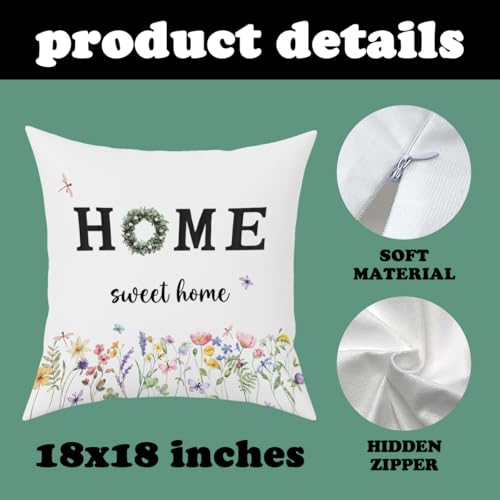 Fokongna Sweet Home Colorful Butterfly Floral Pillowcase 18 x 18 Inches Covers Cottagecore Wildflower Botanical Butterfly Moth Decorative Lumbar Pillow Covers for Home Bedroom Sofa Couch - color: Floral Pillow
