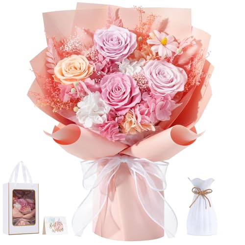 Lewondr Flower for Delivery, Preserved Flowers Bouquet, Mixed Rose Bouquet with Gift Box, Real Long-Lasting Forever Birthday Flowers Gifts for Wife Girlfriend Mother's Day Anniversary Proposal, Pink - color: Peach Pink