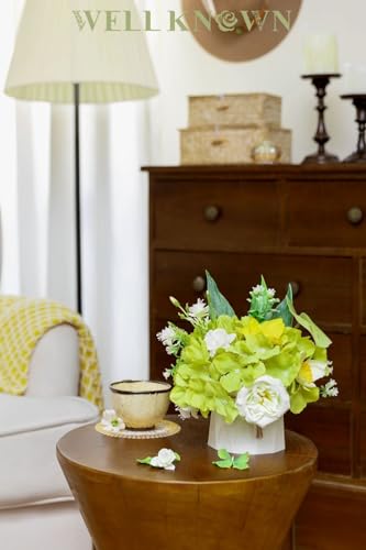 WELL KNOWN Small Fake Flowers in Plastic Vase 7" Centerpieces Coffee Table Decor, Green White Silk Flower Arrangements for Home Decor Indoor Artificial Flower Bouquet for Dining Room Kitchen Wedding - color: Green & White