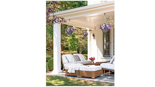 KIHO Artificial Hanging Flower Plant with Basket for Spring Summer Outdoor Decoration, Low-Maintenence Beautiful Petunia Flowers with Eucalyptus Leaves Perfect for Home (Pink and Purple) - color: Pink and Purple