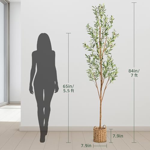 7ft Artificial Olive Tree with LED Fairy Lights & Woven Planter - Lifelike Faux Silk Plant with Realistic Leaves & Fruits and Natural Trunk for Indoor Home Office Living Room Bedroom Foyer Decor - size: 6ft 11in