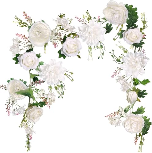 Peony Garland, Rose Flower Vine, Arch Flowers, 6' Length, Floral Garland for Decor Home Table Runner Mantle Decoration (Ivory Peony Garland) - color: Ivory Peony Garland
