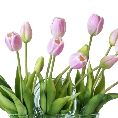 DUYONE 15Pcs Artificial Tulips Flowers, Soft Touch Realistic Latex Tulips Bouquet for Home Office Wedding Party Garden Decor, Fake Flowers for Centerpieces Dining Table Living Room Spring-B Baby Pink - color: B Style-15pcs Baby Pink (No Vase)