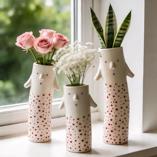 MOUGIGI Family Face Vases Set of 3 - Cute Handmade Ceramic Bud Vases for Pretty Flowers - Unique Modern Decor - Aesthetic Small Flower Holders for Home Elegance - color: Family Vase Red-3pcs