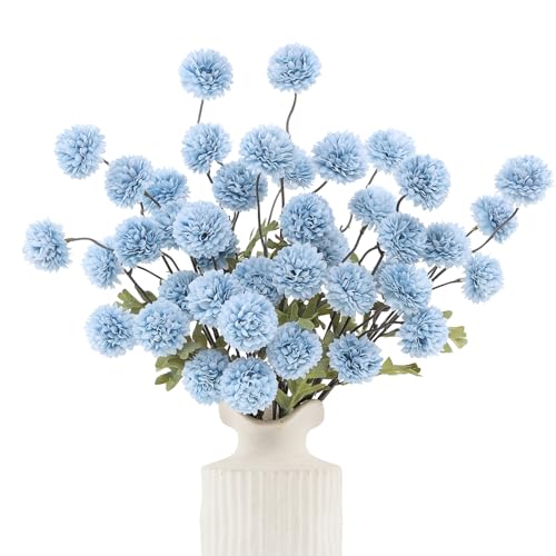 DuHouse 6pcs Artificial Flowers Faux Silk Pompon Mum,Silk Small Mini Chrysanthemum Ball with Stems for DIY Wedding Bouquets Centerpieces Vase Home Table Kitchen Decorations(Sky Blue) - color: Sky Blue, size: 6pcs