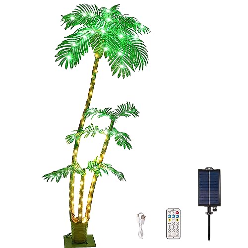 7FT Palm Trees for Outside Patio, Christmas Palm Trees Decor, Waterproof＆Windproof Solar Light Up Tree, Artificial Lighted Palm Tree Party Decorations for Outside Indoor Patio Decor